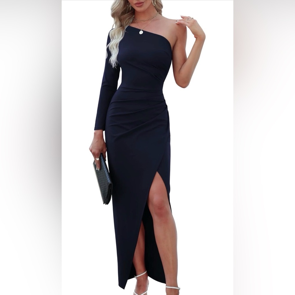 One Shoulder Long Sleeve Rouched Bodycon Cocktail Dress
